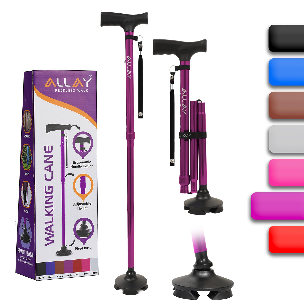 Allay Walking Cane for Men & Women - Foldable, Adjustable, Collapsible Walking Canes for Seniors Balance, Free Standing, Pivot Tip, Heavy Duty, with Travel Bag | Walking Sticks for Seniors - Purple