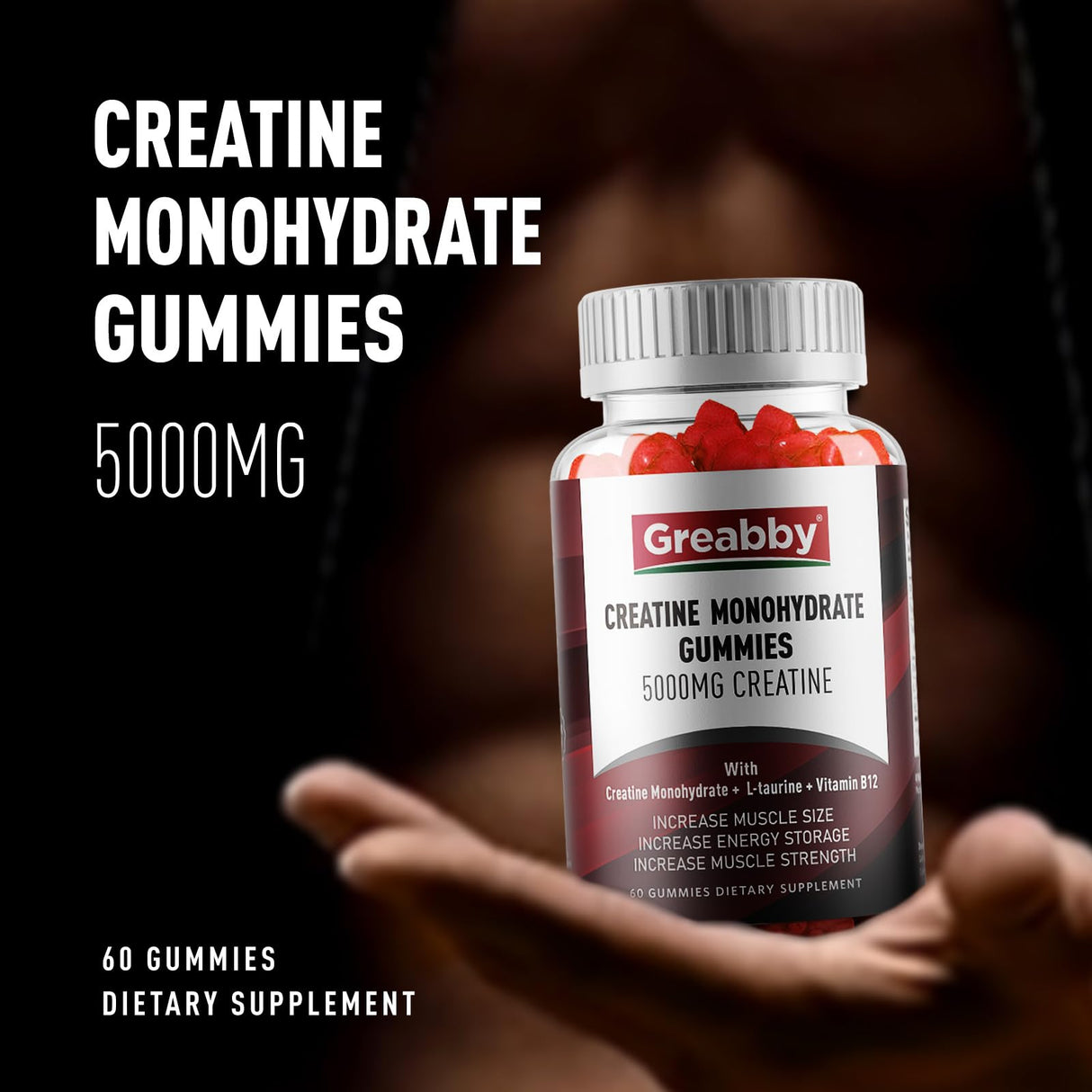 GREABBY Creatine Monohydrate Gummies - 5g Creatine Monohydrate for Women & Men, L-Taurine, B12, Creatine Chews for Muscle Growth, Increase Strength and Build Muscle, Mixed Berry Flavor 120 Count