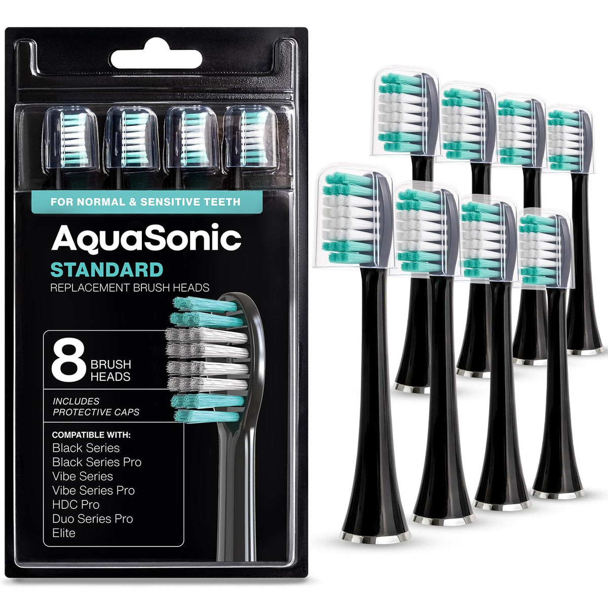AquaSonic Genuine Standard Replacement Brush Heads, Black, 8 Pack