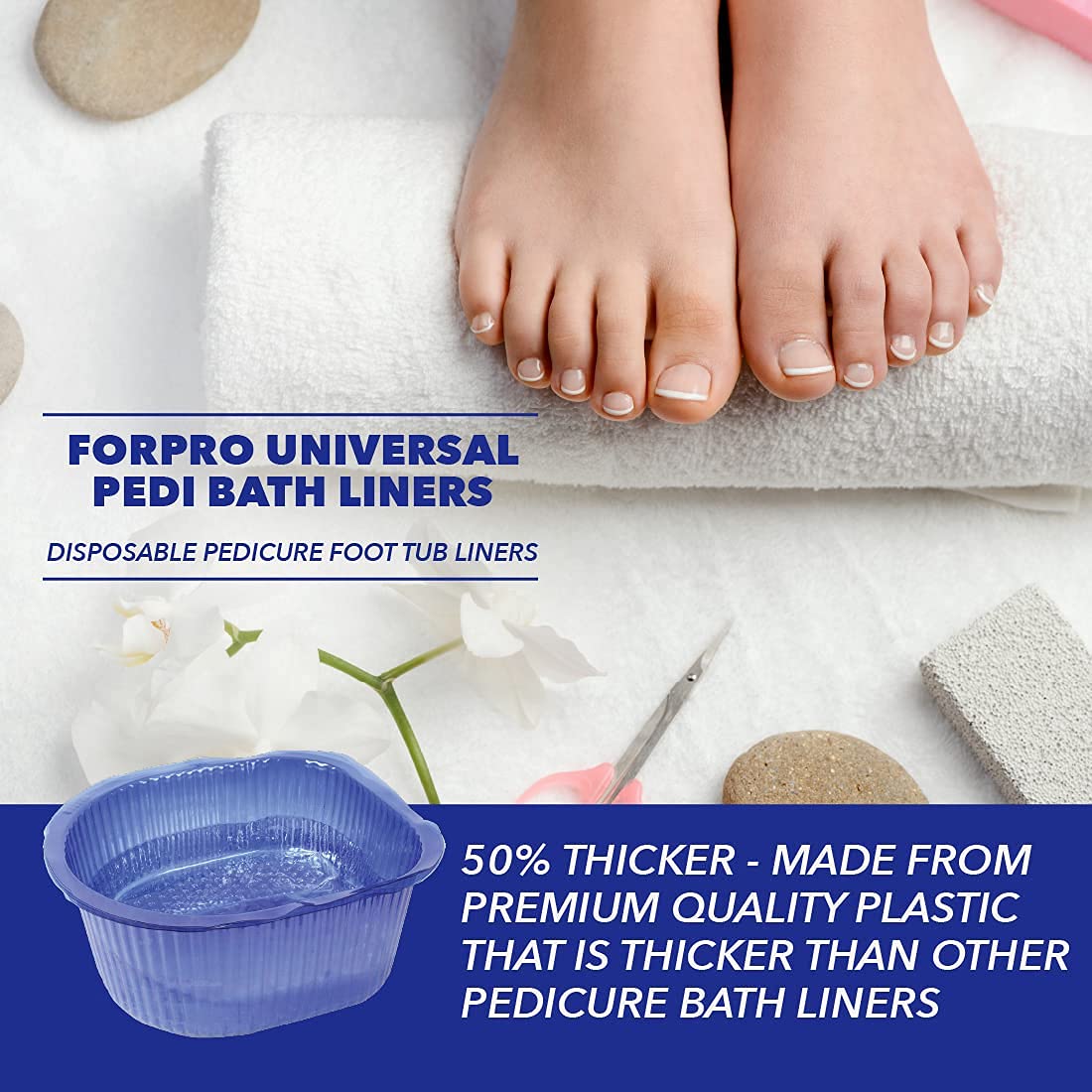 ForPro Professional Collection Universal Pedi Bath Liners, 50% THICKER, Fit Footsie Bath, Disposable Pedicure Tub Liners for Foot Spa Basins, Blue, 100-Count