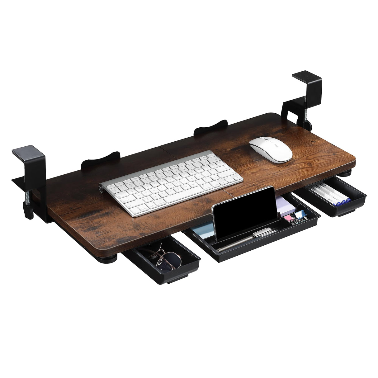 Keyboard Tray Under Desk with Drawer,26.77" X 11.81"Large Size Keyboard Tray with C Clamp-on Mount, Easy to Install, for Home Office (Mahogany)