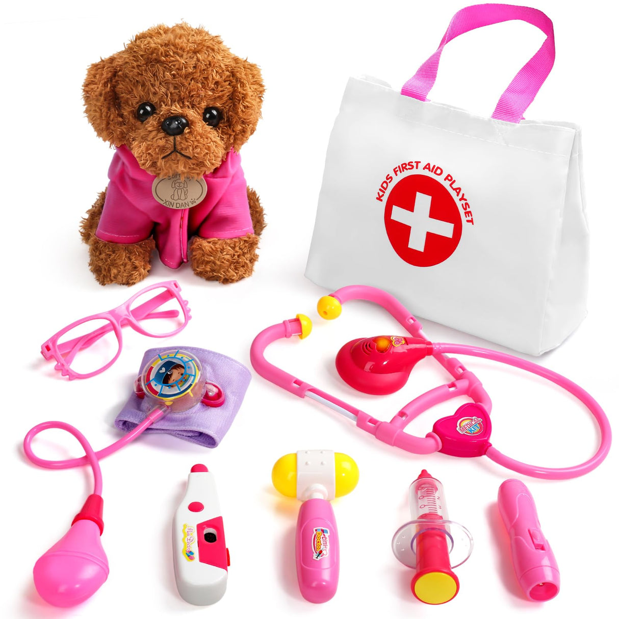 Doctor Kit for Toddlers 3-5 Girl Toys Christmas Birthday Gift for 2 3 4 Year Old Girls Kids Doctors Play Set with Plush Dog, Toy Stethoscope & Carrying Bag for Veterinarian Pretend Play (Pink)