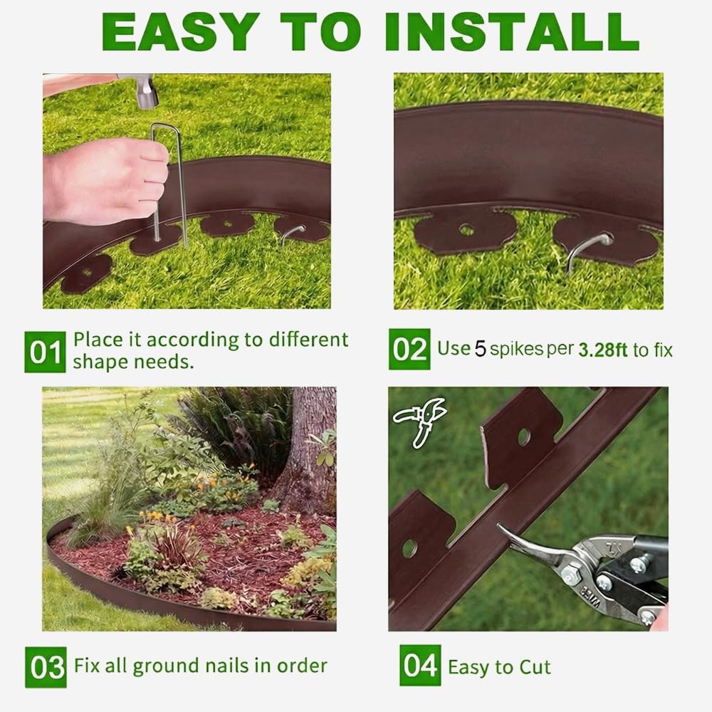 Landscape Edging, 3IN Tall Garden Edging Borders,Flexible Lawn Edging Border Kit,Mini Plastic Fence for Yard Flowerbeds,Grass (Brown, 3 in x 49 FT)