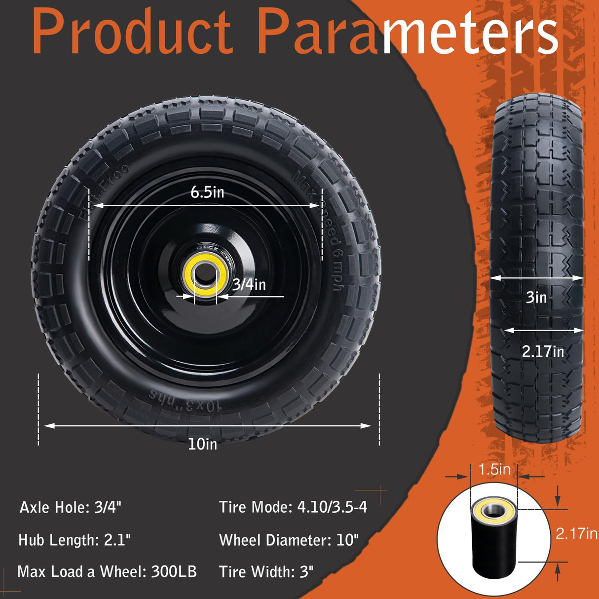 10" Solid Rubber Tires, 4.10/3.50-4 Tire and Wheel Flat Free, 2-Pack with 3/4" Bearings, 2.17"Offset Hub for GOR Garden Cart, Wheelbarrow, Trolleys, Hand Trucks & Yard Trailers