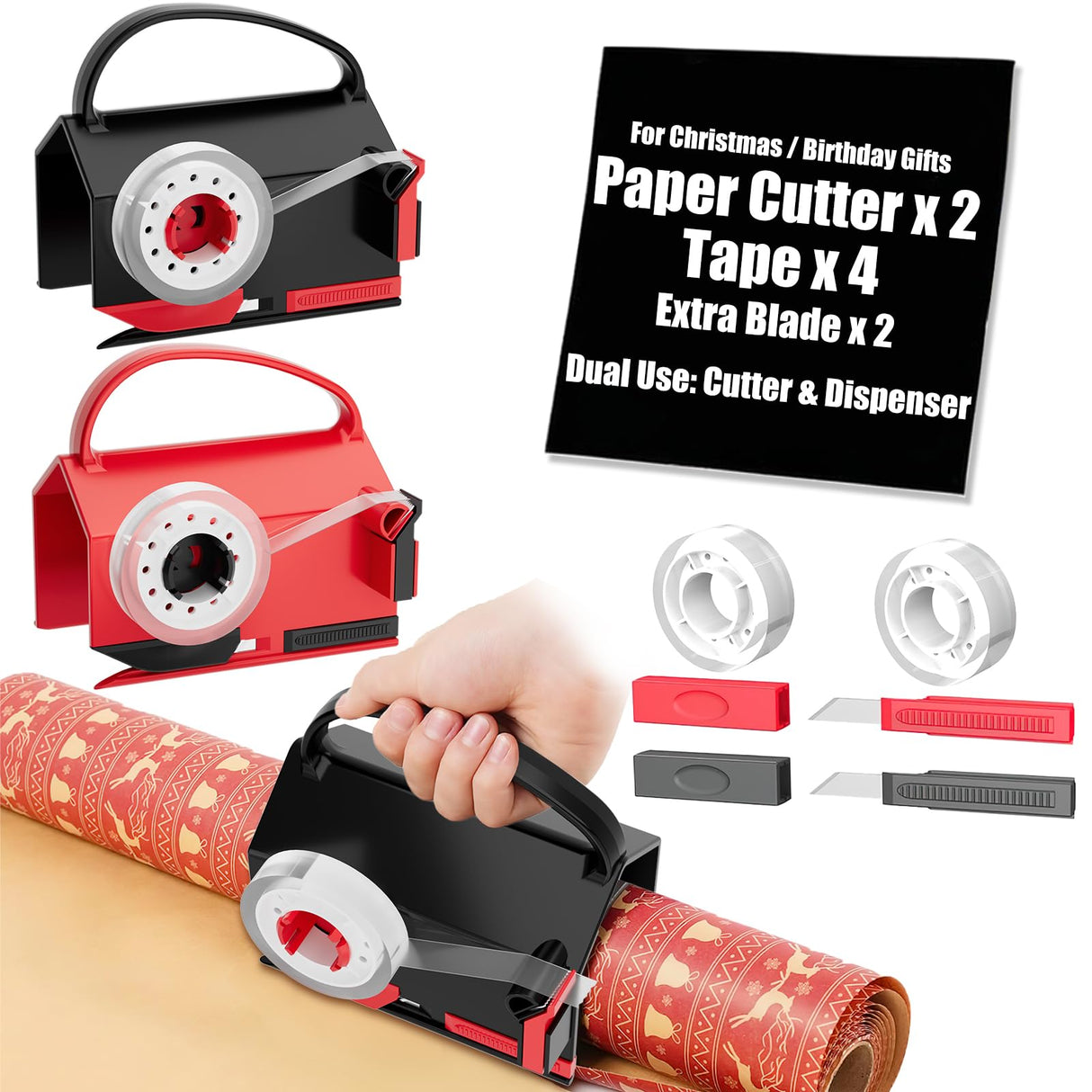 2-Pack Wrapping Paper Cutter & Tape Dispenser for Christmas Gift, Improve Gift Packaging Efficiency, Makes The Cutting line straighter, Cutting Tool with 4 Tapes,2 Replace Blades Kit, Red and Black
