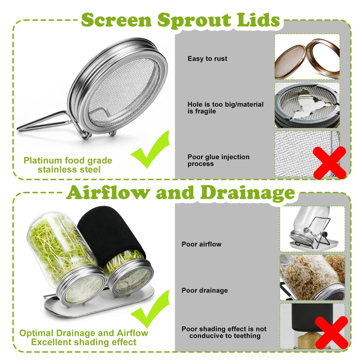 Palksky Sprouting Kit with Stainless Steel Screen Sprouting Lids & Glass Mason Jars & Light-Blocking Sleeves, 2Pack Premium Reusable Sprouts Growing Kit for Organic Broccoli Alfalfa Seeds Bean Sprouts