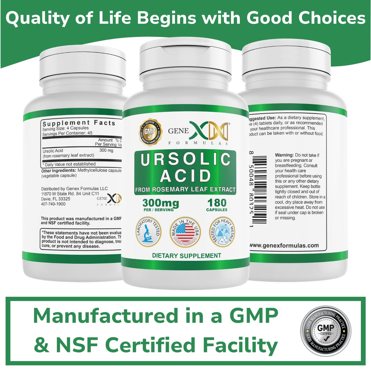 Genex Formulas Ursolic Acid 300mg (180 Capsules) Ursolic Acid Sourced from Rosemary Extract - Non-GMO, Gluten Free, Vegetarian