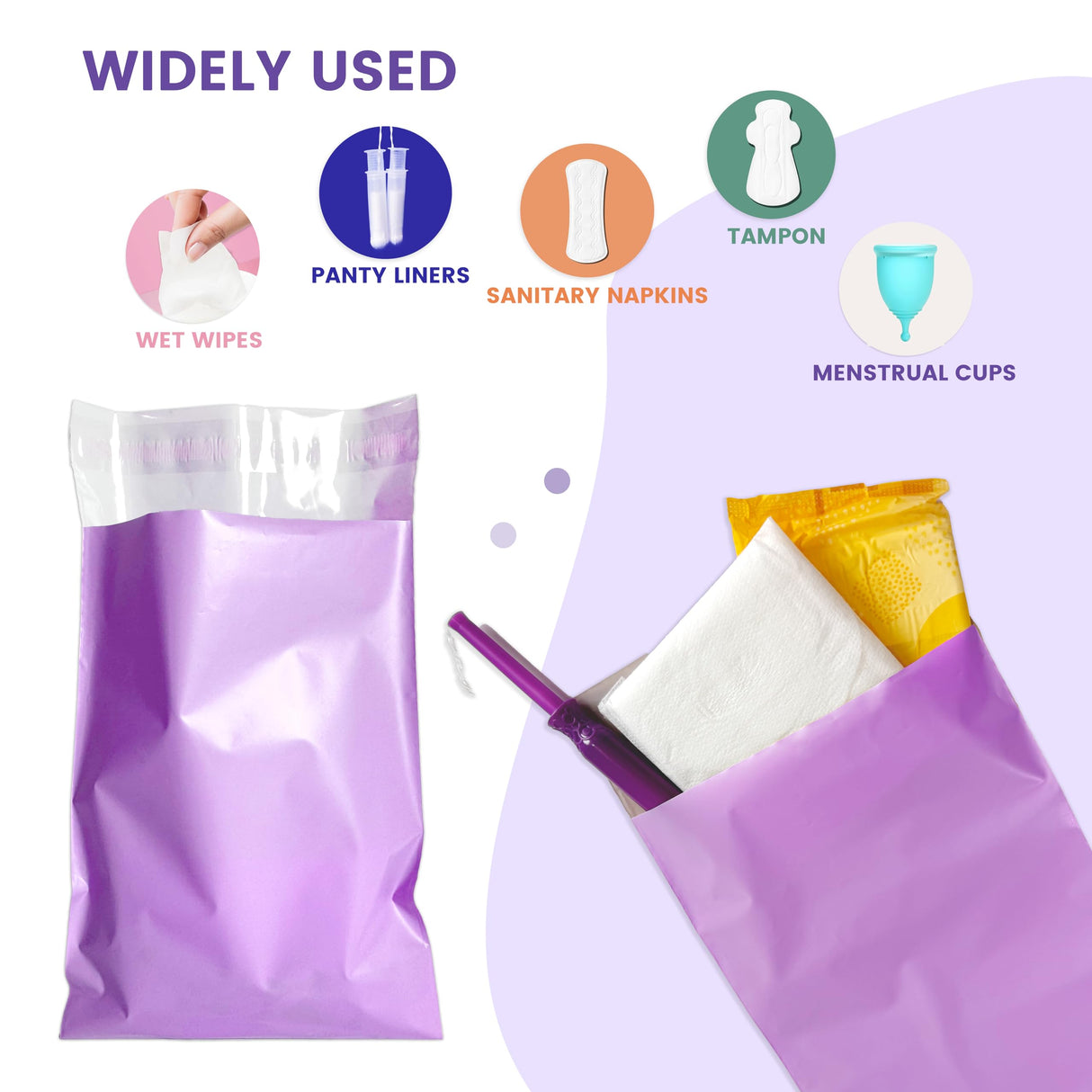 Disposable Sanitary Bags, 300 Pcs, Purple, Self-sealing, Odor-proof, Rectangular, Plastic, 10" x 6" Bags for Feminine Hygiene, Personal Waste, or Pet Waste