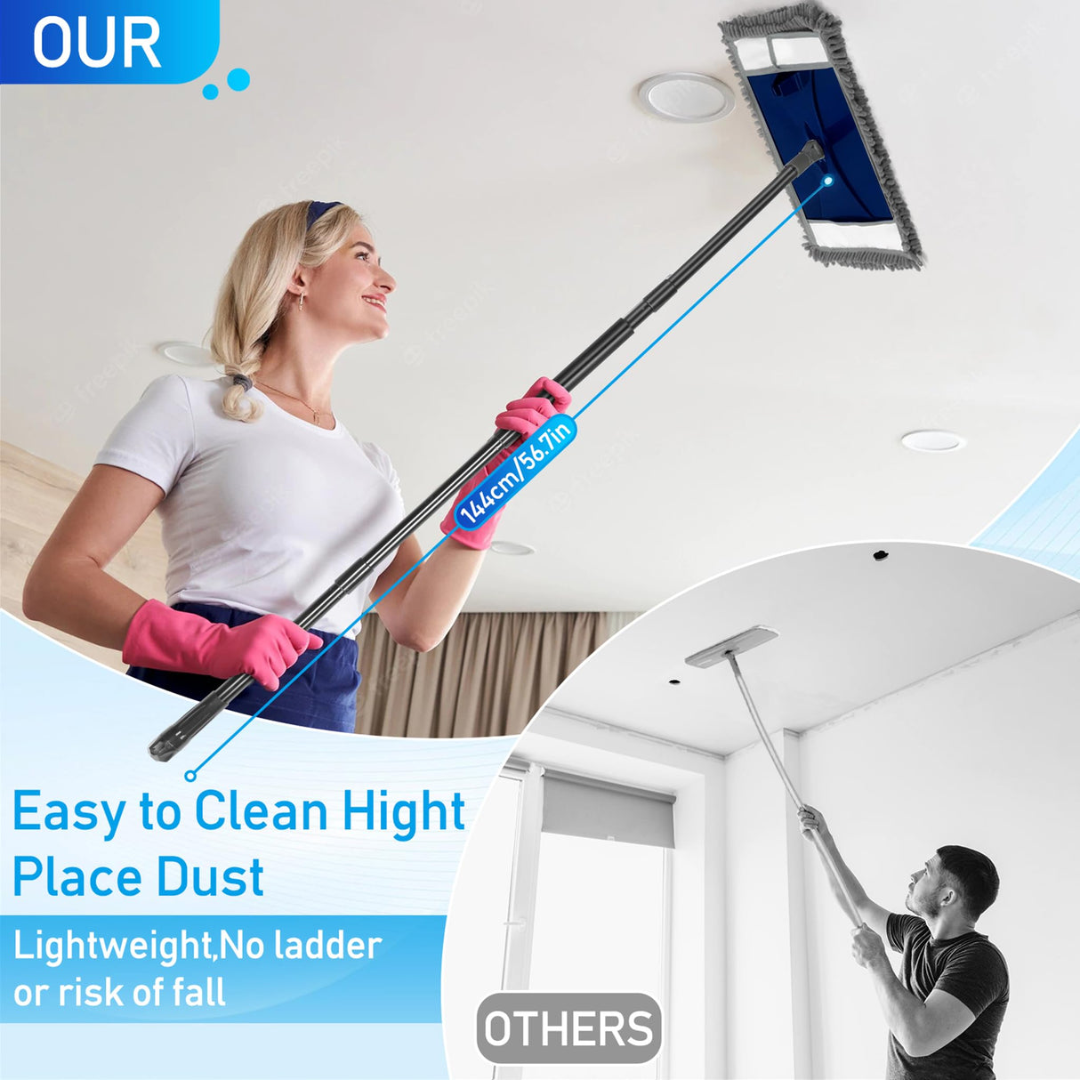 Wall Cleaner Mop with Long Handle, Extra Wall Dust Mop for Washing Walls with 2 Microfiber Reusable Pads,Floor Dry Wet Duster Mops for Wall Washer, Floor,Ceiling Cleaning,Blue