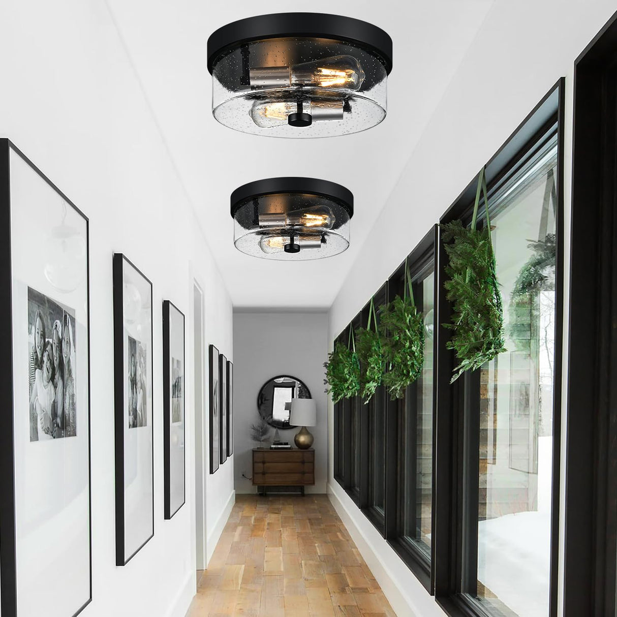 Flush Mount Ceiling Light Fixtures, 2-Light Black and Silver Ceiling Mount for Farmhouse with Seeded Glass Lampshade, Industrial Flush Mount Light Fixture for Hallway, Kitchen, Entryway and Foyer