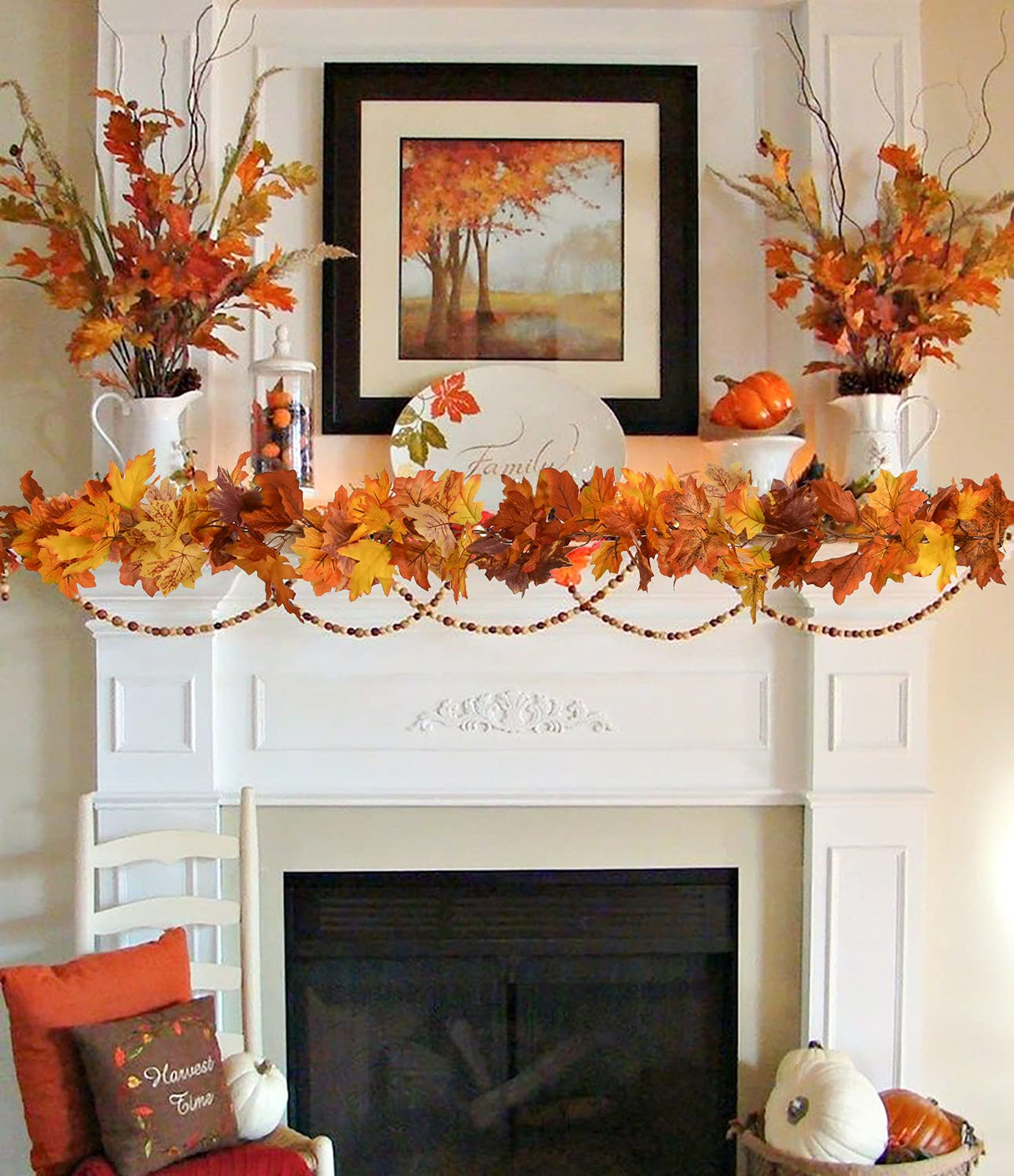 DearHouse 2 Pack Fall Maple Leaf Garland - 5.9Ft/Piece Hanging Vine Artificial Autumn Foliage for Thanksgiving, Home, Wedding, Fireplace, Party, Christmas Decor (Light Orange)