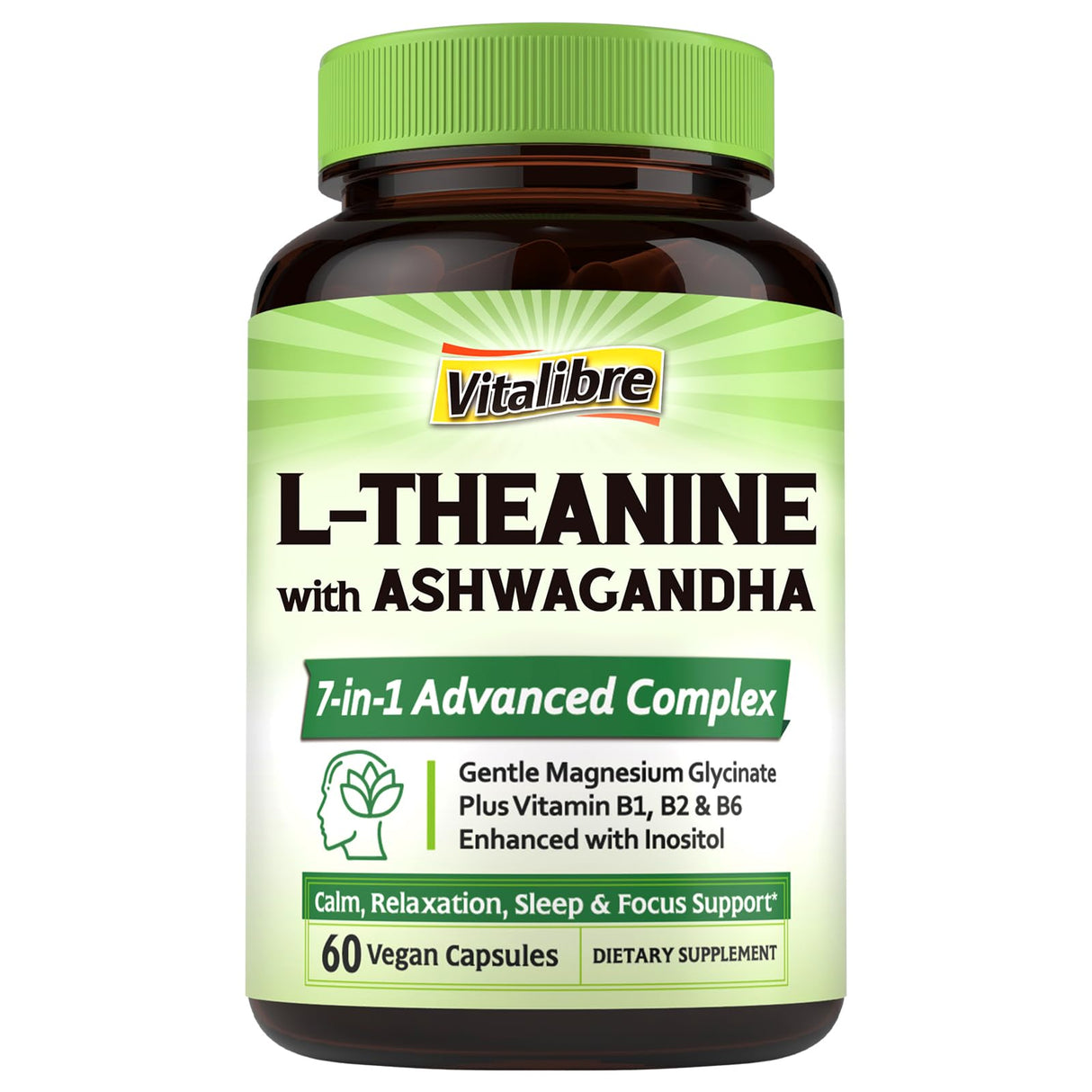 Vitalibre L-Theanine 200mg Supplement, Magnesium Glycinate, Ashwagandha, Inositol, Vitamin B1 B2 B6, No Gluten, Calm, Relaxation, Focus, Cognitive Function, 60 Vegan Caps