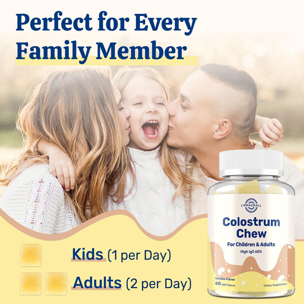 Bovine Colostrum Chews Supplement with 60% IgG for Humans Women Men Kids- for Immune, Gut, Bone, Joint, Cognitive, Overall Growth, from Grass-Fed Cows & Vanilla Flavor, 60 Soft Chews