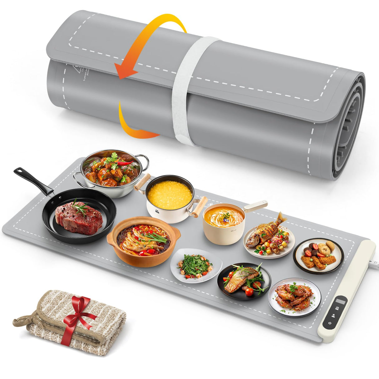 FYY Extra Large Warming Mat for Food - Rapid and Full Surface Heating, 6 Temp Settings, 6H Timer, Rollable Portable Food Warming Mat for Gatherings, Parties, Keep Meal Warm (XX Large Size, Gray)
