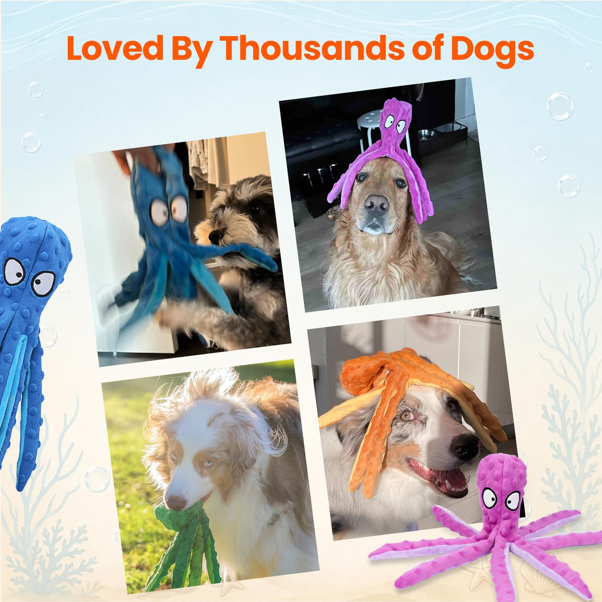 HGB Squeaky Dog Toys No Stuffing Octopus Crinkle for Large Medium Small Dog