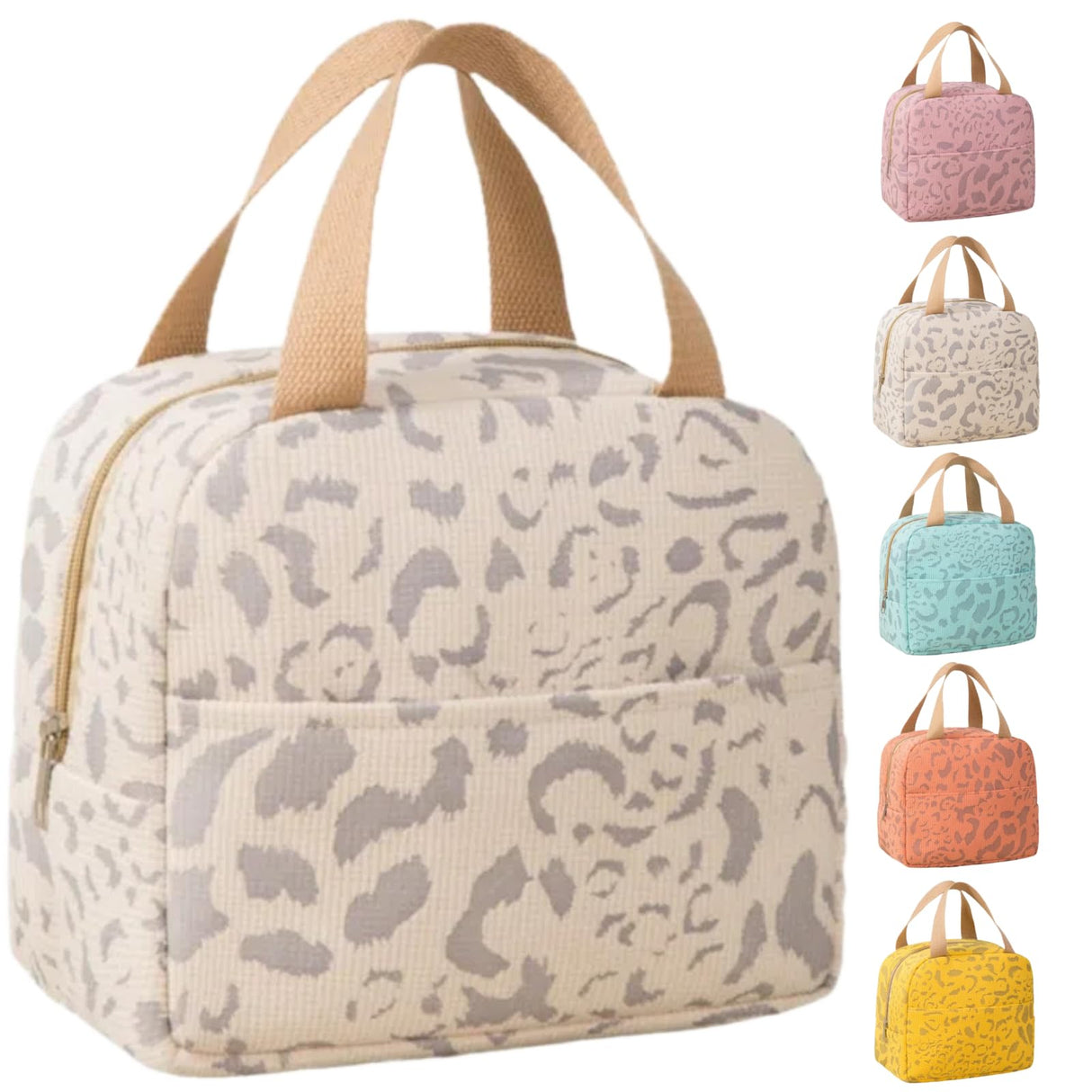 Arae Insulated Lunch Bag, 9 x 5.5 x 8 inches, Leopard Print, Waterproof Cooler Tote with Front Pocket (Beige)
