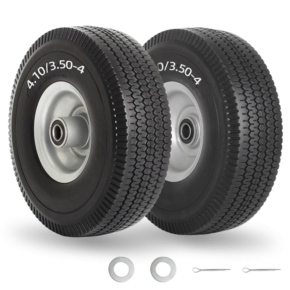 GICOOL 4.10/3.50-4" Flat Free Tire and Wheel, 10" Solid Tire with 5/8" Axle Bore Hole, 2.2" Offset Hub for Hand Truck Garden Wagon Cart Trolley Dolly Lawn Mover Replacement