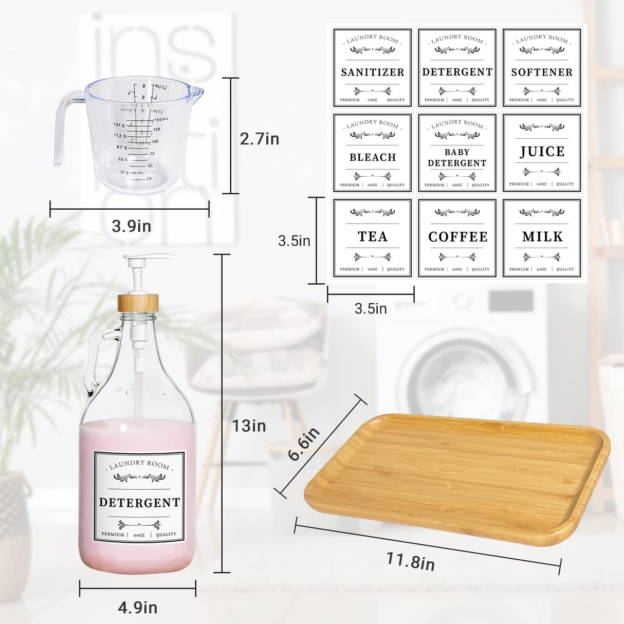 2 Pcs Glass Laundry Detergent Dispenser Bottle, Liquid Laundry Soap Dispenser for Laundry Room, 64oz Detergent Bleach Softener Dispenser for Farmhouse Decor, Includes Bamboo Pumps Tray Funnel Labels