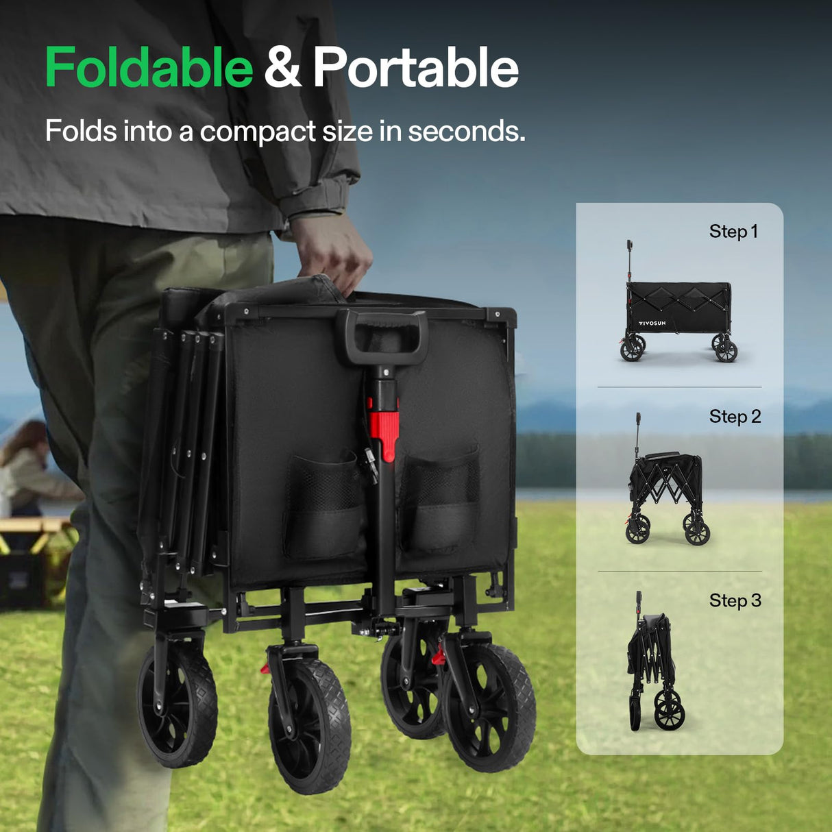 VIVOSUN Collapsible Wagon with Tailgate, 320lb Load-Bearing Outdoor Utility with All-Terrain Wheels, Adjustable Handle, Cup Holders for Camping, Shopping, Garden, Sports, Picnic, Black