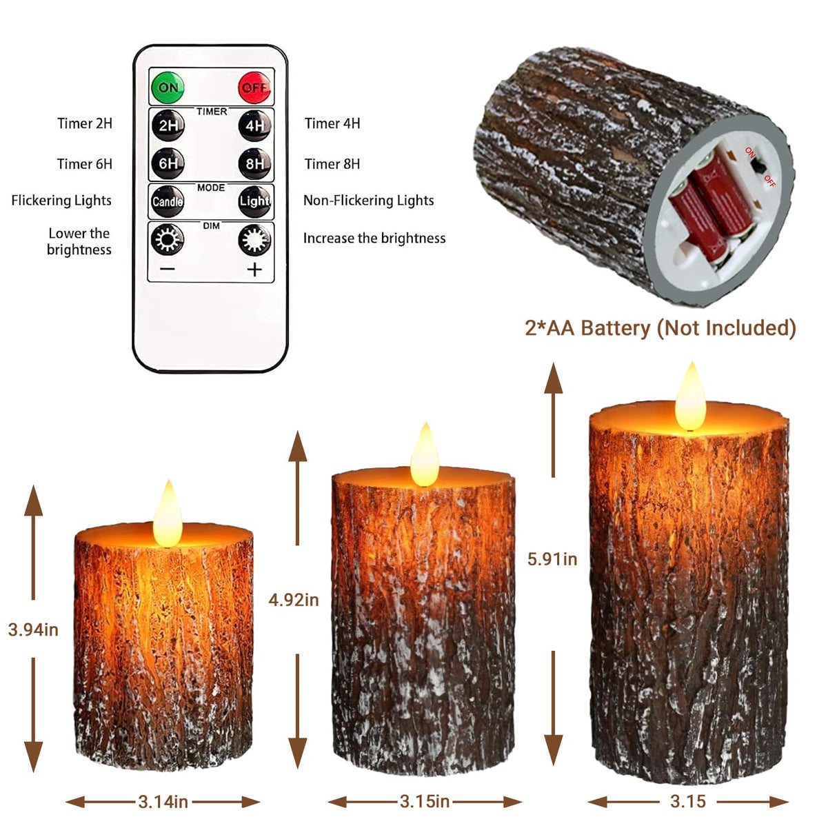 VEEKI Flameless Candles Lights, Set of 3 Battery Operated Flickering Flameless Candles with Remote & Timer, Dimmable LED Pillar Candles, Pine Bark Electric LED Candles for Christmas Winter Home Decor