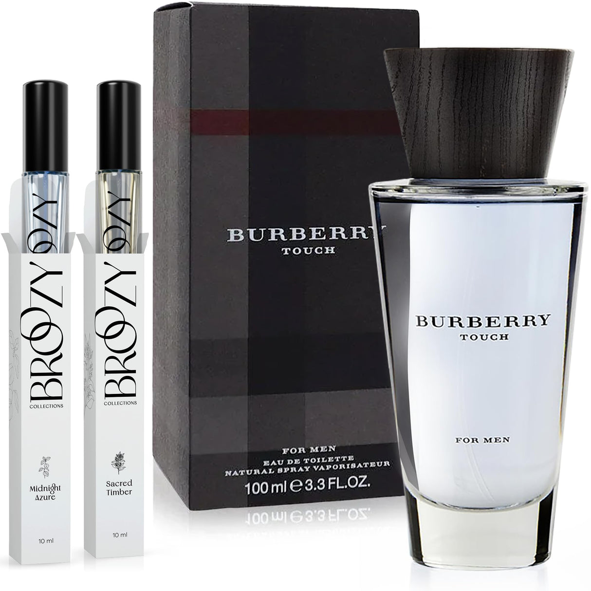 Broozy Collections - Men Cologne Set Bundle with 1 Full Size Burberry Touch Eau de Toilette (100 ml) and 2 Travel Size Mens Sample Cologne Bottles (10 ml) - Mens Cologne Gift Set, Men Gift Set Sampler