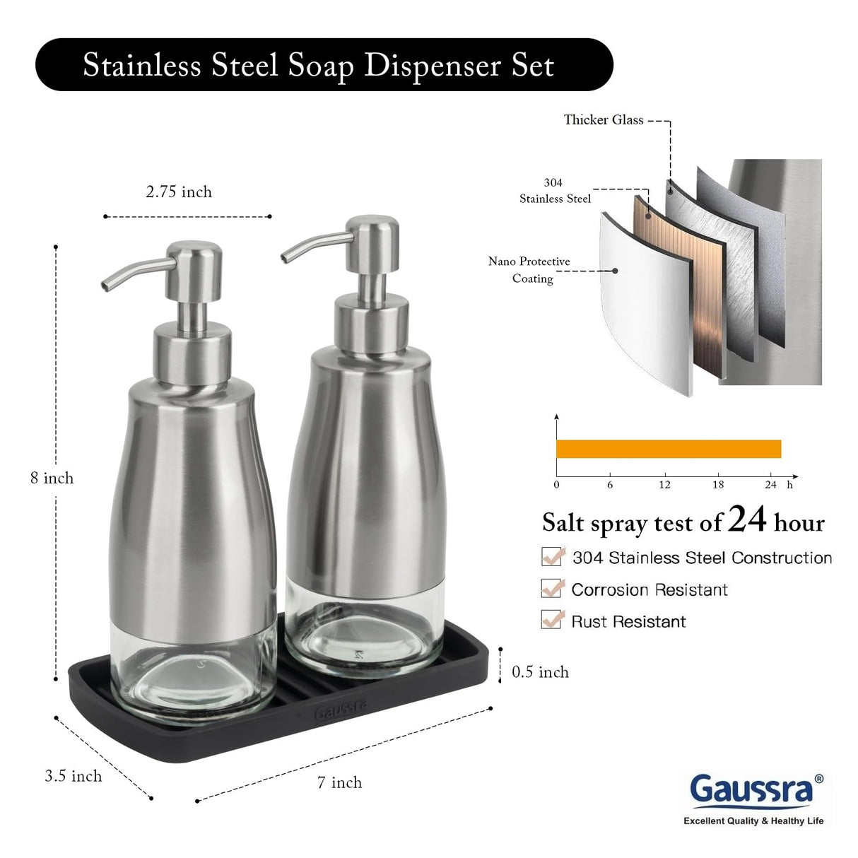Gaussra Kitchen Soap Dispenser Set with Silicone Tray and Stickers - Brushed Nickel, Stainless Steel Glass Soap Dispenser Bathroom, Refillable Hand Dish Dispenser for Kitchen Sink