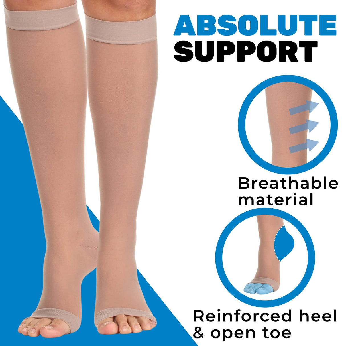 Made in USA - Sheer Compression Socks for Women 20-30mmHg with Open Toe - Toeless Graduated Support Knee High Stockings for Flight, Travel, Sports, Airplane, Nurses - Beige, Medium - A215