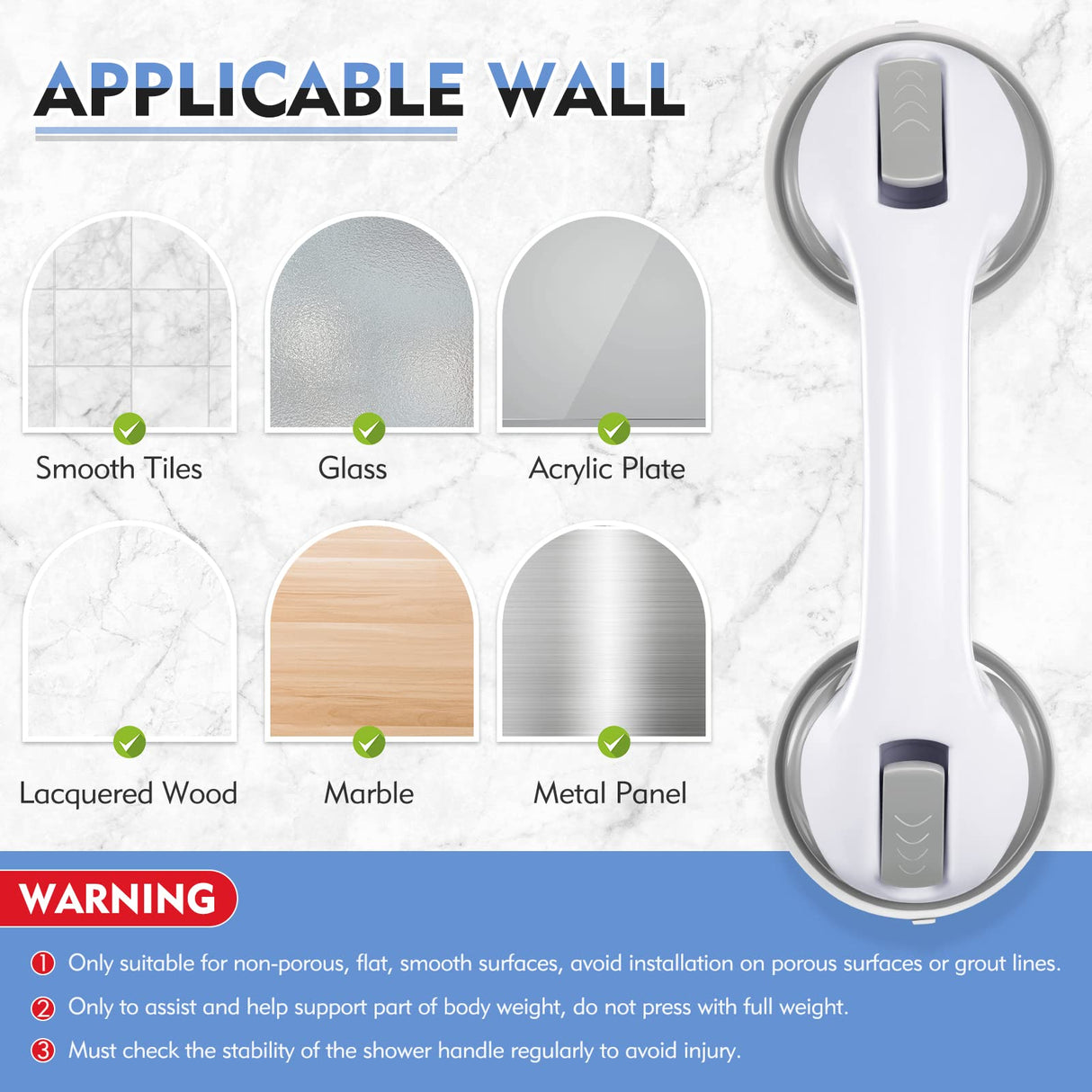 Grab Bars for Shower, 12 Inch Shower Handle Strong Suction Shower Grab Bar for Shower Chair Stool, Bathroom Safety Bar for Seniors, Elderly (2 Pack)