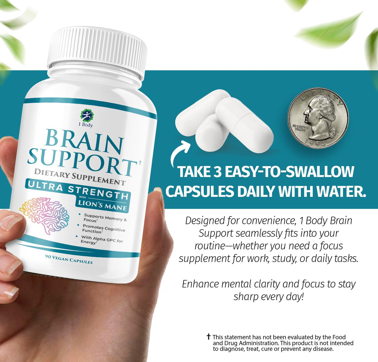 1 Body Brain Supplement – Nootropic Brain Booster with Alpha GPC, Ginkgo & Bacopa – 90 Vegan Capsules – Memory Supplement for Brain Support, Focus Pills, Brain Fog Supplements for Women and Seniors