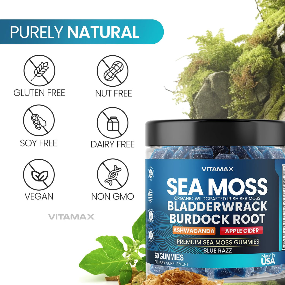 Vitamax Irish Sea Moss Gummies, Sea Moss, Bladderwrack, Ashwagandha, Burdock Root, ACV - Multi-Mineral - Non-GMO and Vegan – Made in USA – 60ct
