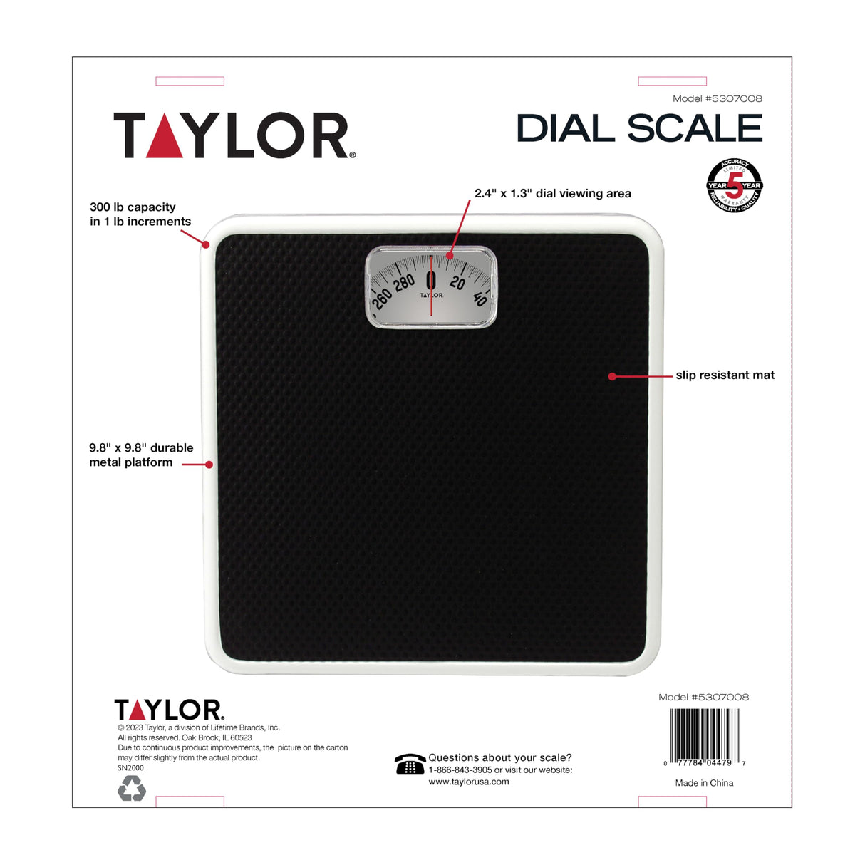 Taylor Analog Scale, Dial Scale for Body Weight, Mechanical Bathroom Scale, Highly Accurate Non-Digital Weighing Machine, Measures Weight up to 300 lb Capacity, Battery Free, FSA HSA Eligible, Black