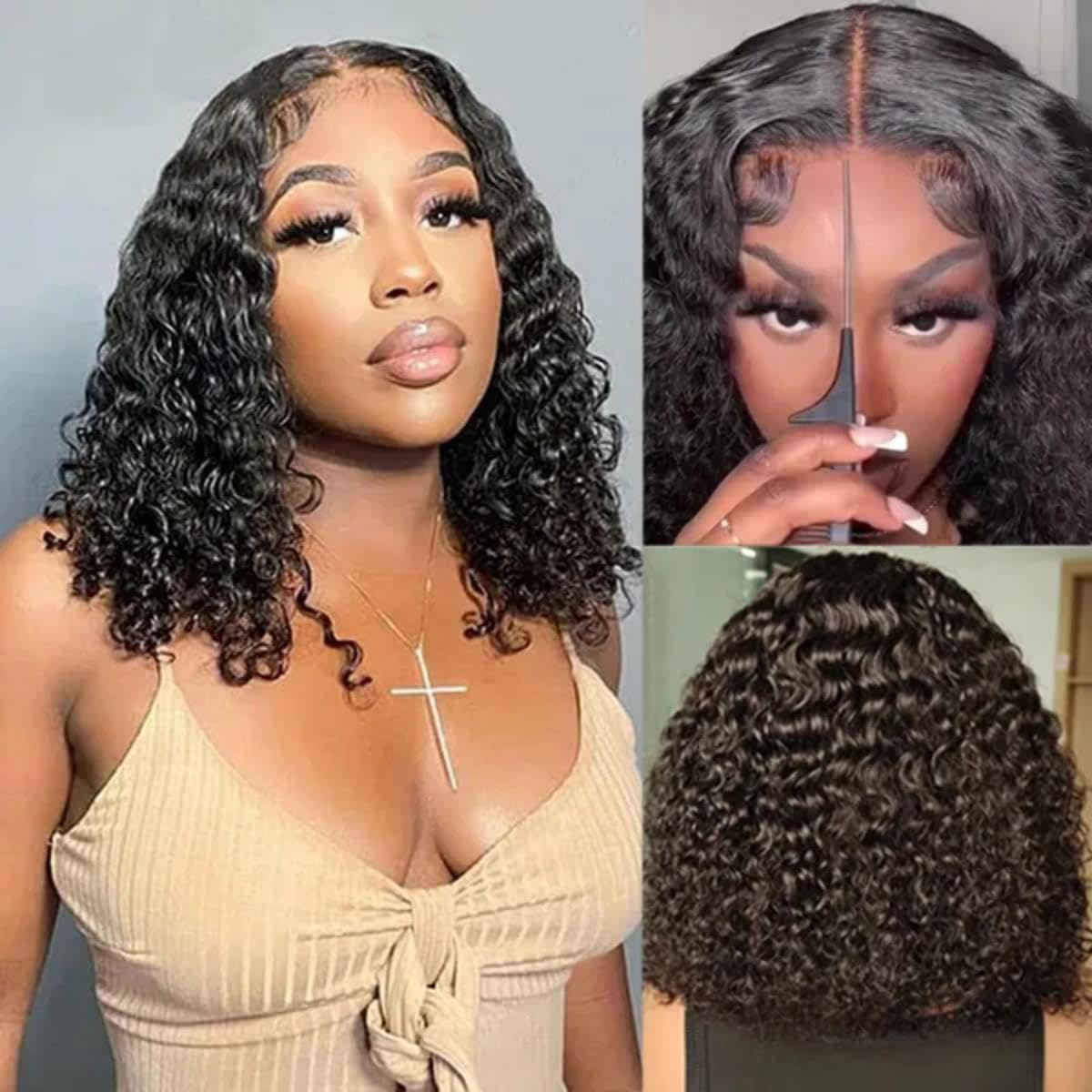 ISEE Wear and Go Glueless Wigs Bob Wigs Pre Plucked Water Wave Lace Front Wigs Upgraded No Glue Transparent Lace Closure Wigs for Black Women Natural Black 16 Inch
