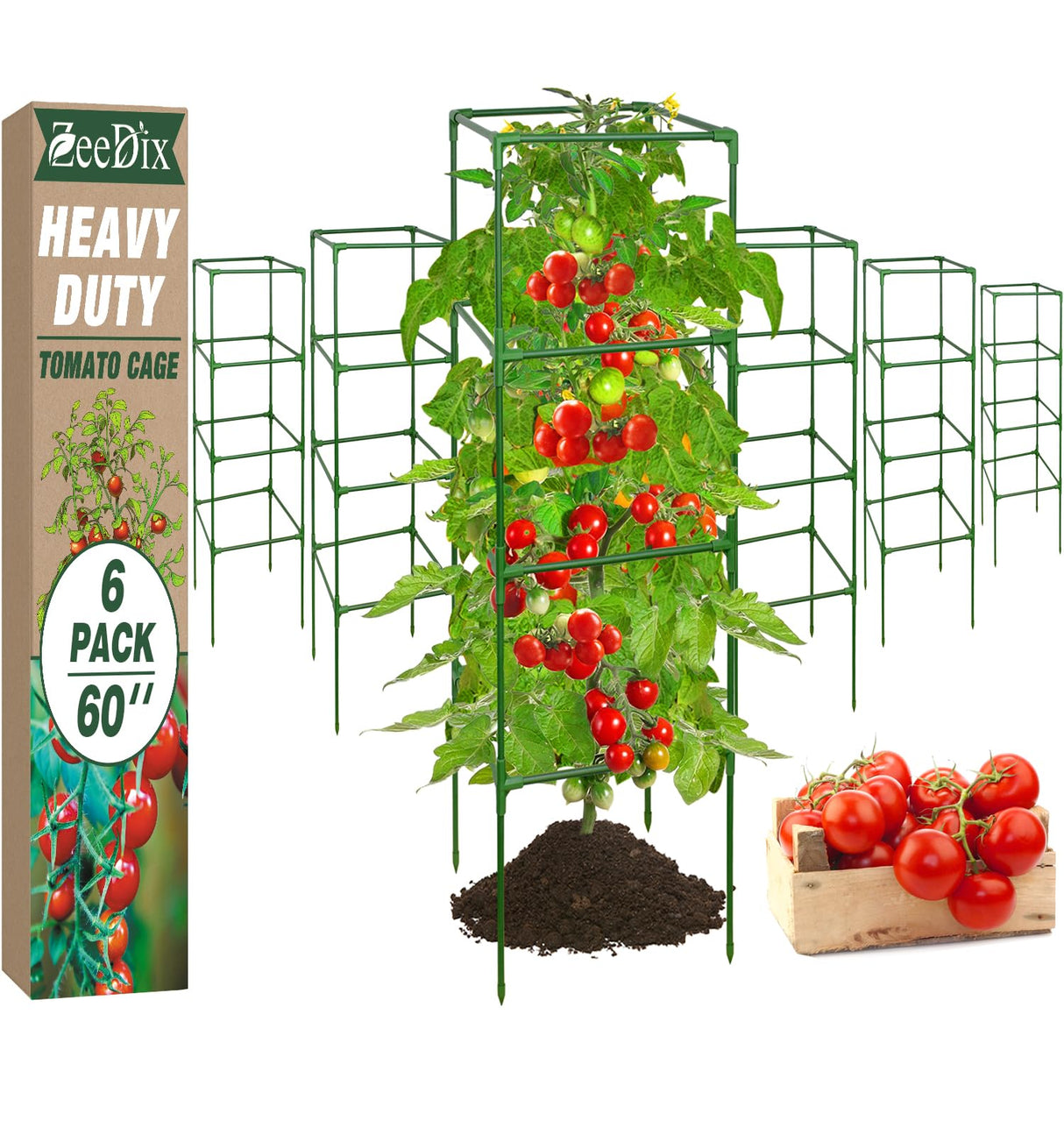 ZeeDix 6 Pack 60 Inch Heavy Duty Tomato Cages for Garden with Clips