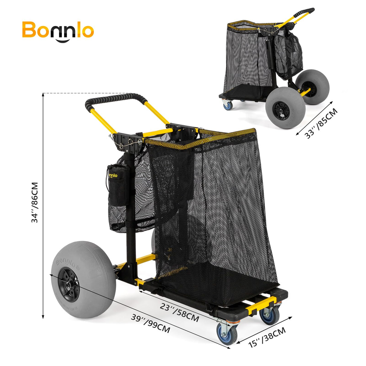 Bonnlo Beach Cart with 12" Big Balloon Wheels for Sand, Foldable 2-in-1 Beach Buggy Cart Fishing Cart with Large Cargo Deck, Fishing Rods Holder, Water Bottle Holder, 2 Mesh Bag, Hand Pump