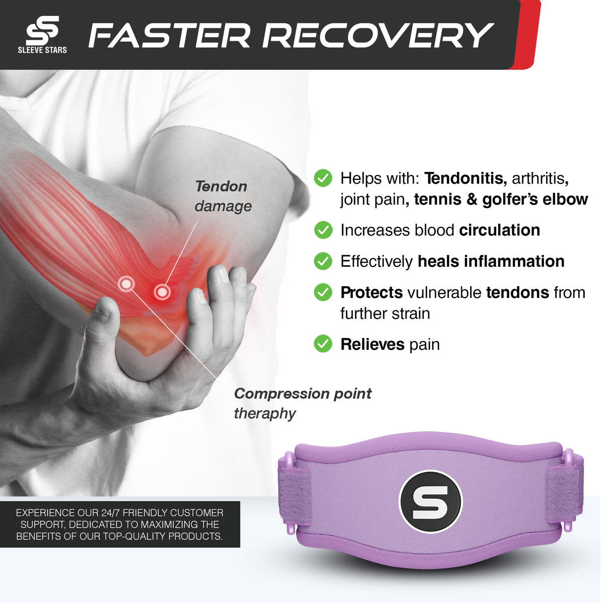 Sleeve Stars Tennis Elbow Brace for Men & Women, Tendonitis Elbow Brace & Strap Golfers Elbow Brace Counterforce Band for Tendon Pain Relief & Support for Forearm w/ 3 Straps Fits 9-23" (Single) (1, Light Purple, One Size)