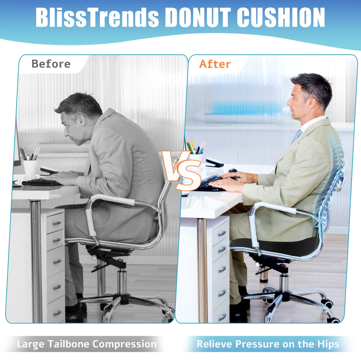 BlissTrends Donut Pillow Seat Cushion, Donut Chair Cushions for Postpartum Pregnancy & Hemorrhoids, Tailbone Pain Relief Cushion, Memory Foam Lifting Cushions for Office & home Chairs (Black, X-Large)