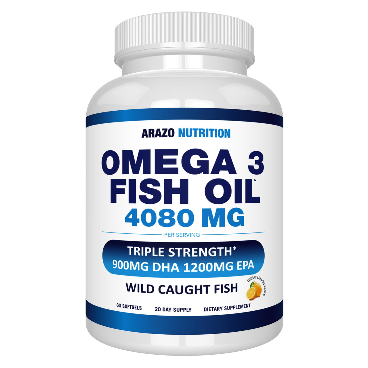 Arazo Nutrition Wild Caught Omega-3 Fish Oil Concentrate – 4,080mg per Serving – High EPA 1200mg & DHA 900mg – 60 Burpless Lemon Softgels