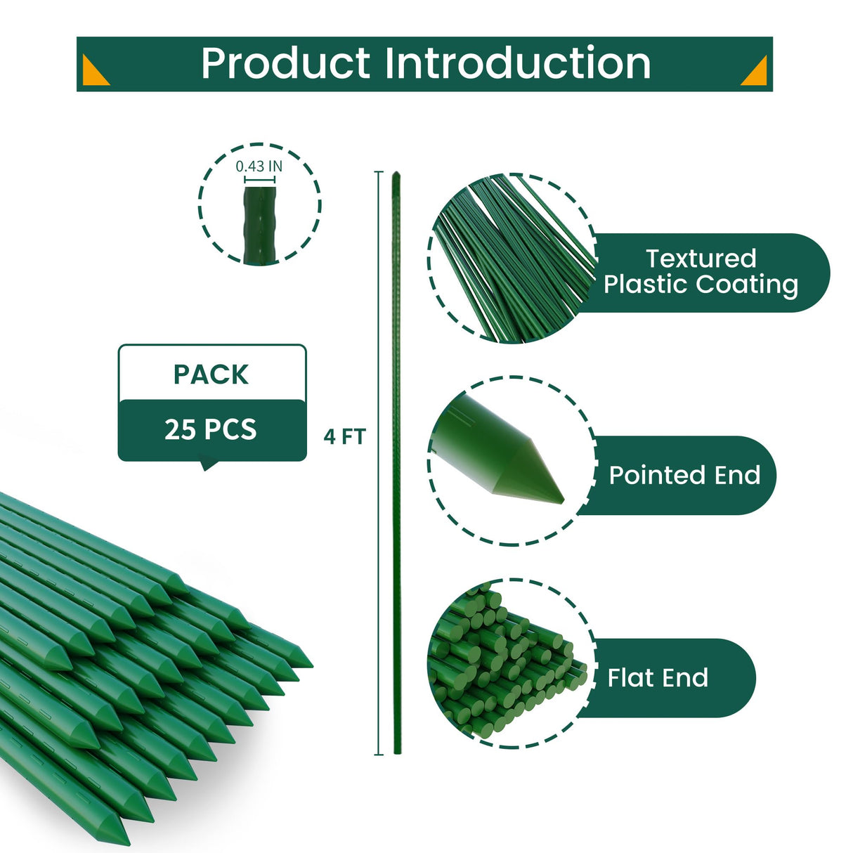 PROWORX 48 Inch 4 Ft Plant Support Garden Stakes 25 PCS, Sturdy Steel Plastic Coated Sticks for Outdoor Growing Climbing, Tomato, Trees, Cucumber, Beans
