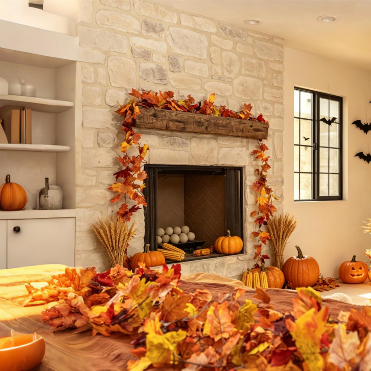 CQURE 2 Pack Fall Leaf Garland, Artificial Fall Vines Autumn Garland Fall Maple Leaves Thanksgiving Decor for Home Wedding Fireplace Christmas