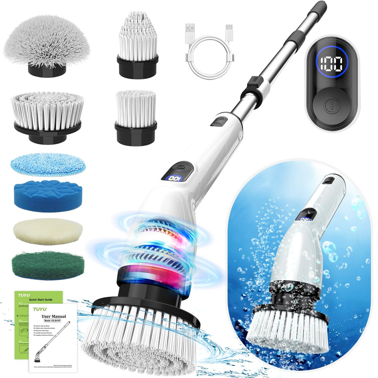 TUYU Electric Spin Scrubber, Full-Body IPX7 Waterproof Bathroom Scrubber with Power LCD Display, 8 Replacement Head, Adjustable Extension Handle, Cordless Shower Cleaner Brush for Bathtub Cleaning