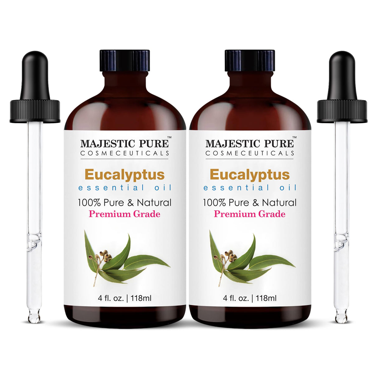 Majestic Pure Eucalyptus Essential Oil | 100% Pure and Natural Eucalyptus Oil | Premium Grade Essential Oils for Hair Care, Home Diffusers, Aromatherapy, Massage and Humidifiers | 4 Fl Oz (Pack of 2)