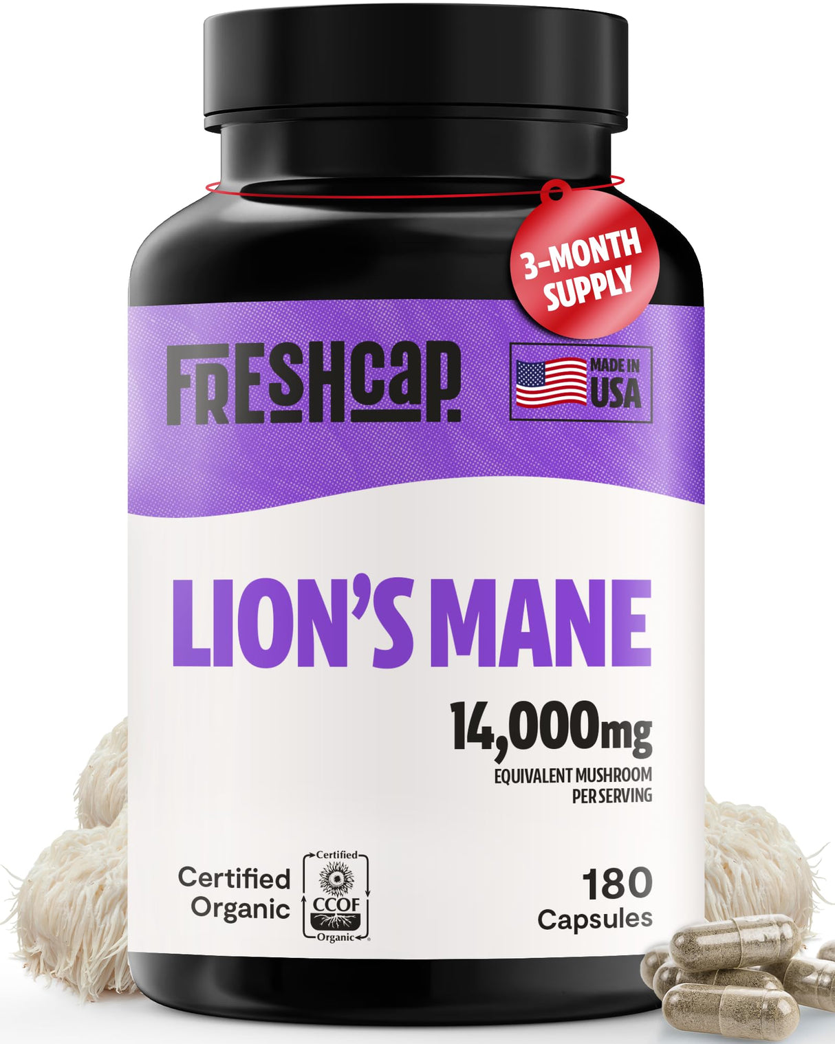 FreshCap Lions Mane Supplement Capsules 14,000mg - Lion's Mane Mushroom Extract for Brain Support, Premium Ayurveda Organic LionsMane Mushroom for Memory, Focus & Clarity (180 Capsules)