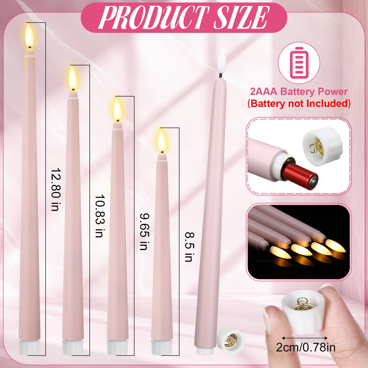 Rossesay 24 Pcs Flameless LED Taper Candles Battery Operated Candles 8.58'', 9.69'', 10.98'', 12.91'', 12.8'' Flameless Candlesticks Flickering for Halloween Christmas Church Wedding(Dusty Pink)