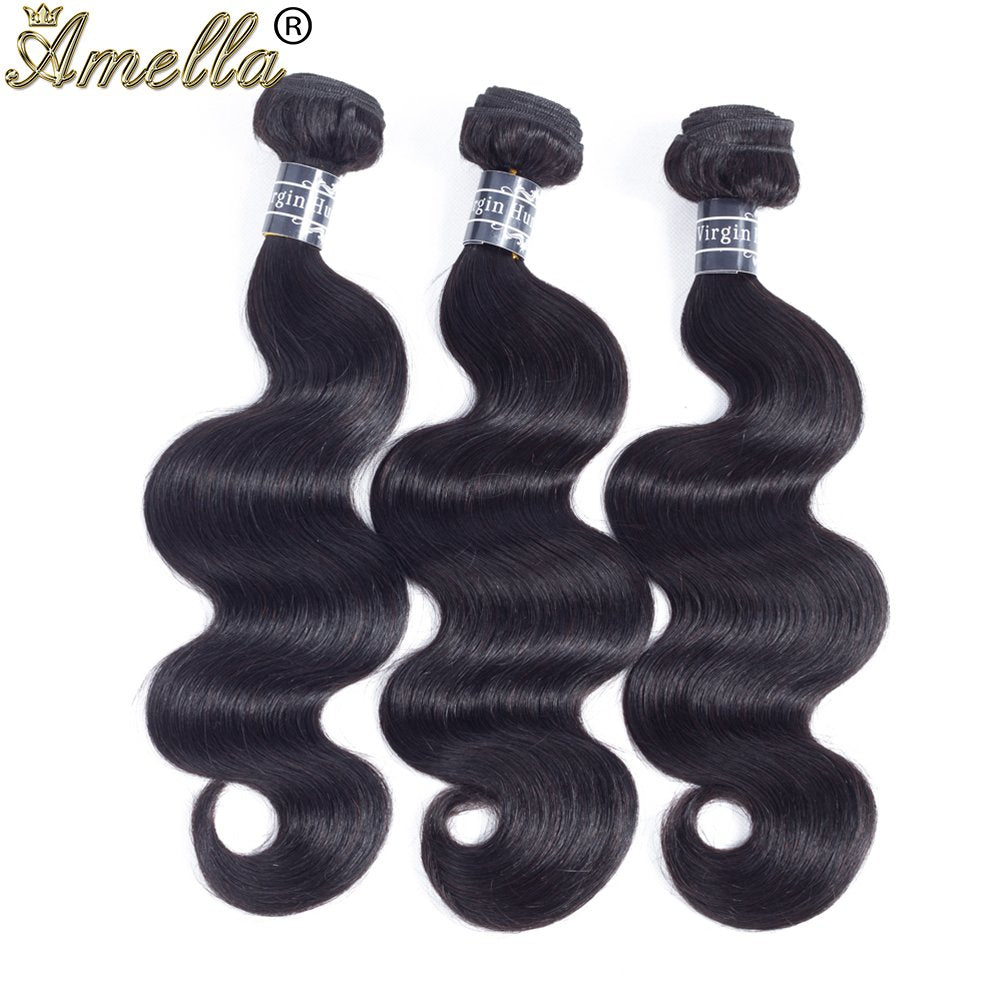 Amella Hair 100% Unprocessed Virgin Brazilian Human Hair Brazilian Body Wave 3 Bundles (18 20 22,300g) Hair Extensions Grade 8A Remy Human Hair Bundles Natural Black Color