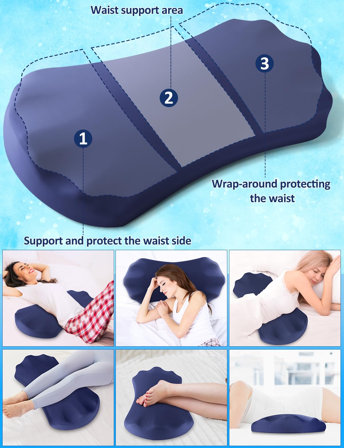 Lower Back Pain Relief Pillow for Sleeping Memory Foam Lumbar Support Pillow for Side Back Sleepers - Ergonomic Cooling Waist Pillow - Back Pain Relief Wedge Cushion Bolster Pillow for Bed, Car, Sofa
