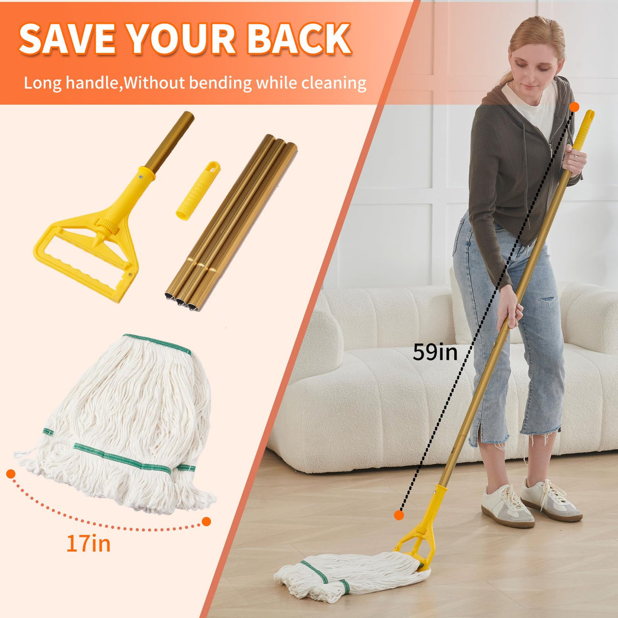 Midoneat Commercial Industrial Heavy Duty Mop with Two Extra Replacement Mop Head,60" Long Handle Looped-End String Wet Cotton Mops for Floor Cleaning
