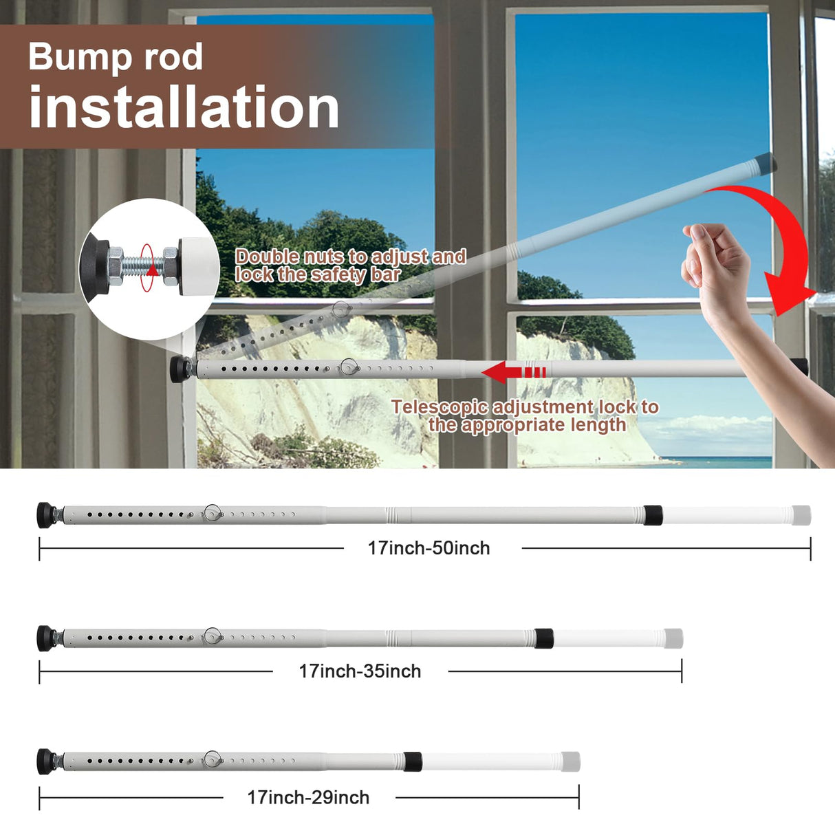 BeBecome Sliding Door Security Bar,17-50 inch Adjustable Patio Door Security bar with Rubber Tips Apartment Bedroom Bottom of Door Heavy Duty Interior White