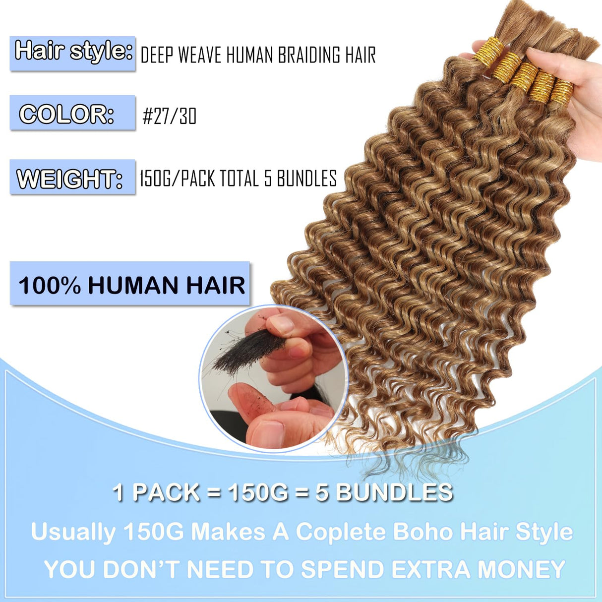 Human Braiding Hair 20 Inch 5 Bundles Deep Wave Bulk for Braiding 27/30 Ombre No Weft 100% Unprocessed 12A for Boho Braids 150g/Pack
