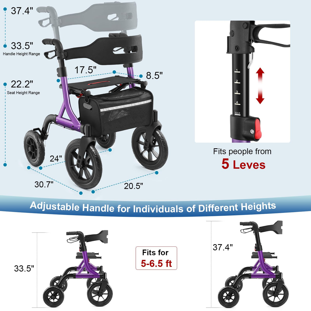 MAXWALK Walkers for Seniors, Rollator Walker with Seat, 12" Big Rubber Wheels All Terrain Rollator Walker with Backrest, Built-in Cable, Cup Holder, Foldable and Height Adjustment for Seniors, Purple