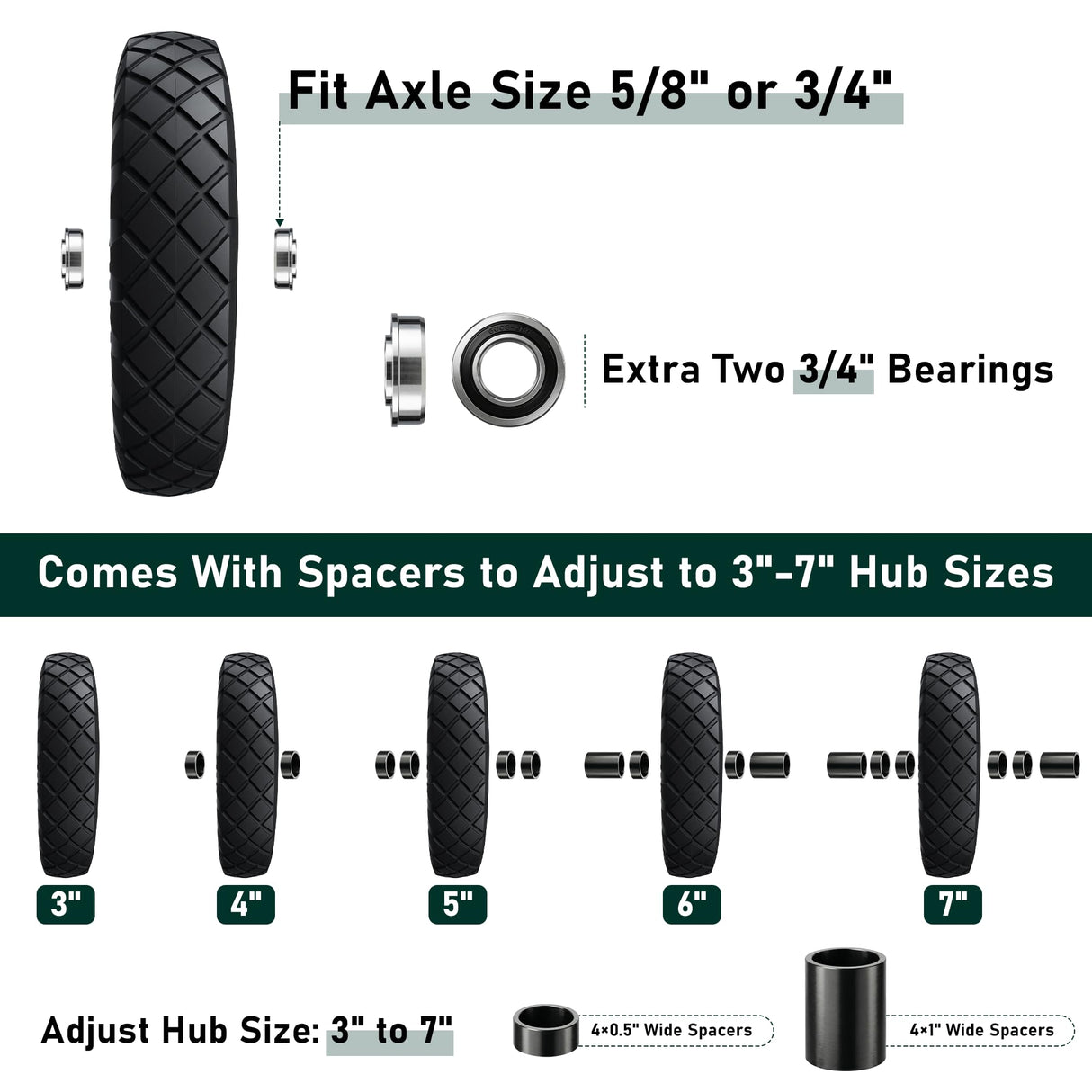 Upgraded 16" Flat Free Wheelbarrow Tire and Wheel, 4.80/4.00-8 Heavy Duty Solid Tire with 5/8" & 3/4" Bearings, 3"-7" Adjustable Hub - Universal for Wheelbarrows, Garden Trailer/Hand Truck - Black